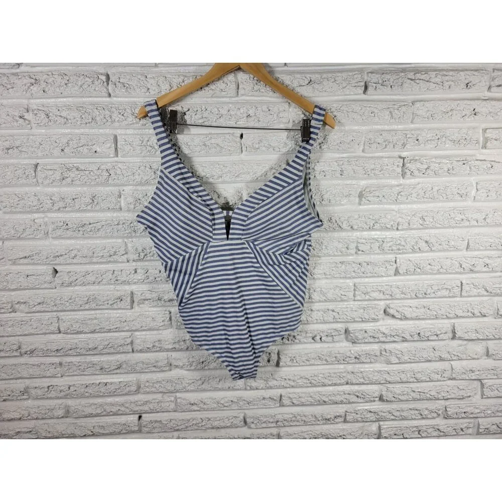 Time Tru Womens Swimsuit 1X Plus One Piece Blue Stripe Plunge Bra STR153E